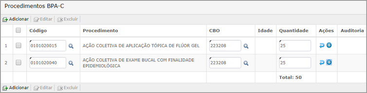 cadastro de BPAC procedimentos