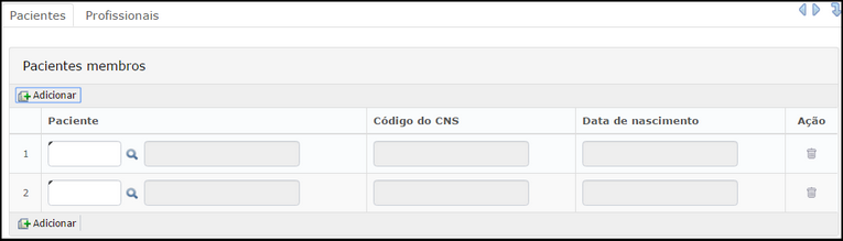 cadastro de turmas pacientes e profissionais