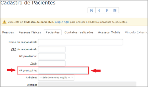 Importar codigo do prontuario cadastro de paciente