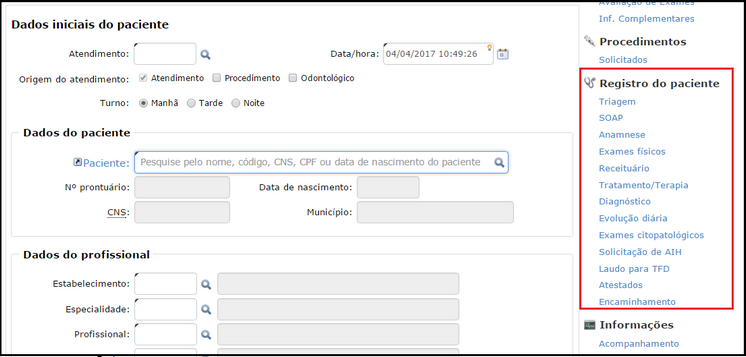 registro do paciente